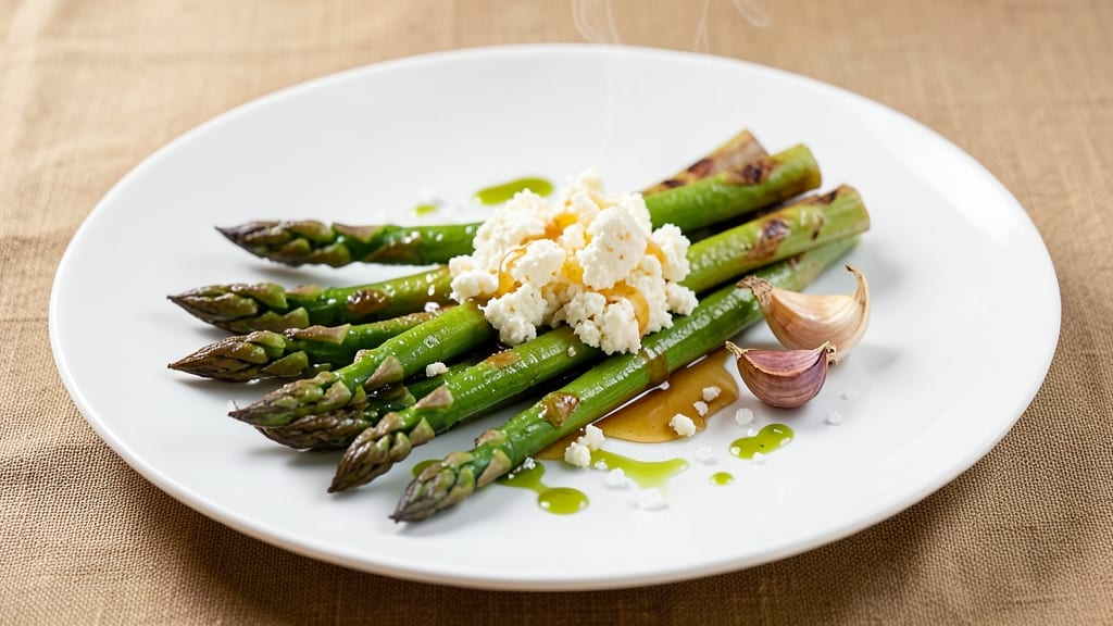 Asparagus with Goat Cheese Recipe: Crispy Roasted Stems and Tangy Cream Swirl