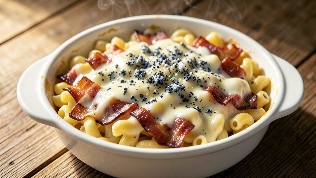 Pepper Belly Pete Macaroni and Cheese Recipe: Smoky Bacon Crunch Over Velvety Cheese Swirls